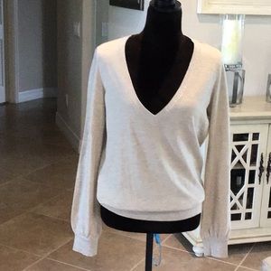 INDRESS deep v oatmeal colored sweater, with silver metallic threading embellish